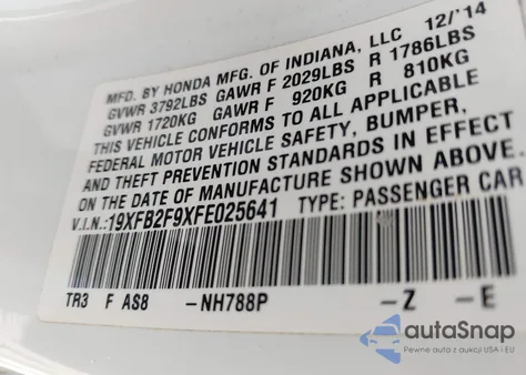 2015 Honda Civic Ex-L z USA, uszkodzony, nr VIN 19XFB2F9XFE025641